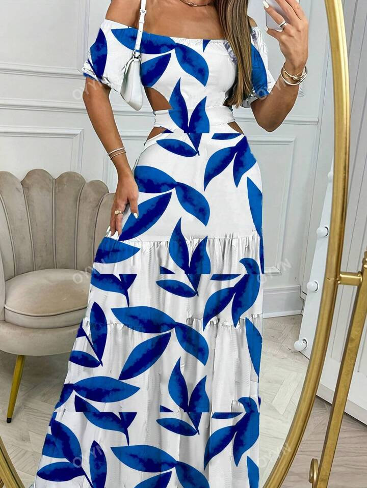 Vestido Acampanado De Cintura Alta Con Estampado De Plantas Y Hombros Descubiertos Para Mujer | SHEIN