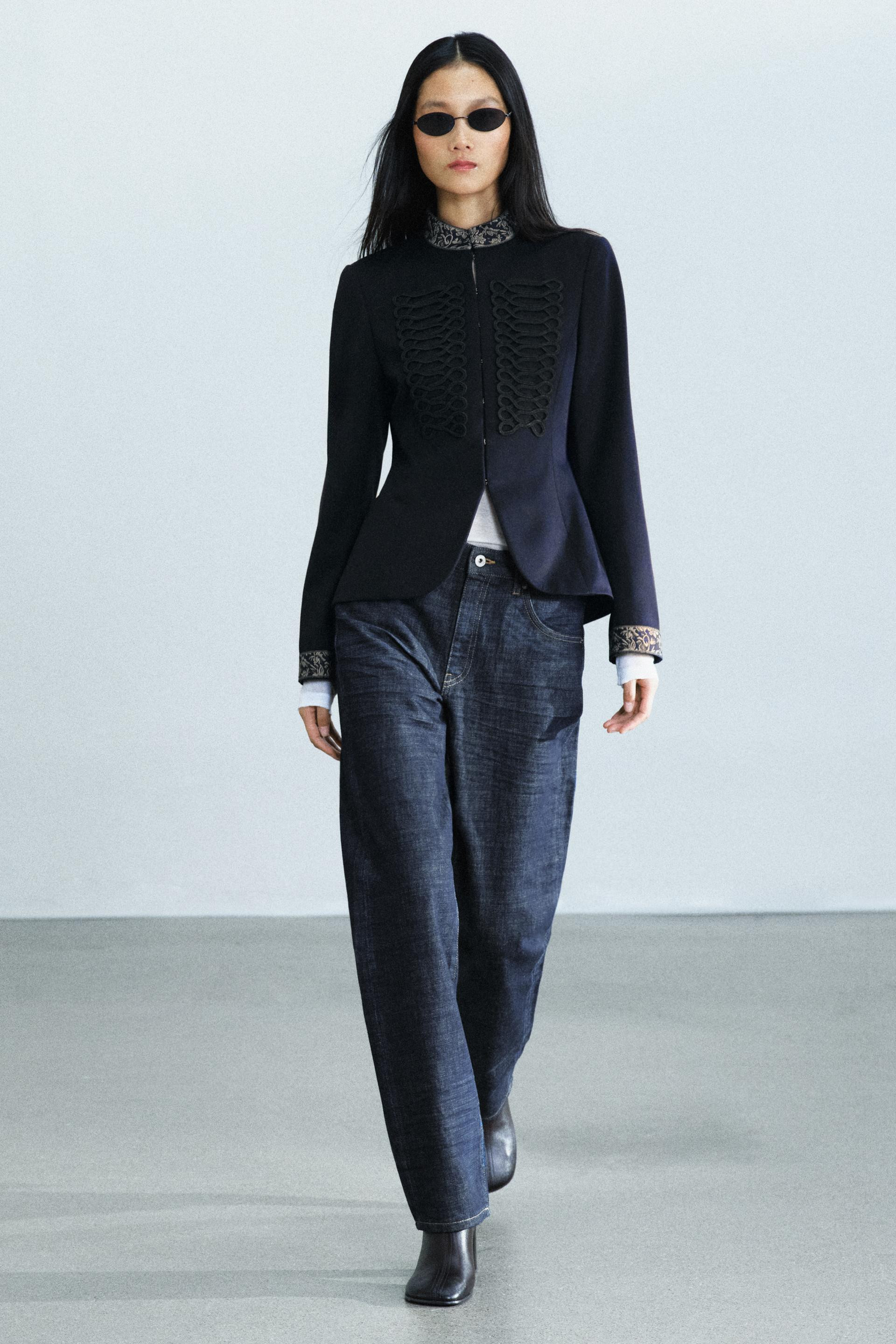 Zara - Zw Collection Contrast Embroidered Wool-Blend Frog-Fastening Jacket - Navy Blue - Xl - Woman | Zara US