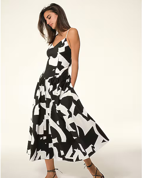 Printed V-Neck Sleeveless Drop Waist Midi Dress | Express