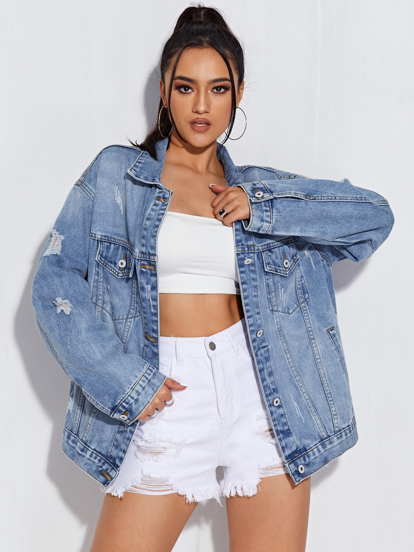 SHEIN EZwear Ripped Detail Drop Shoulder Denim Jacket | SHEIN USA | SHEIN
