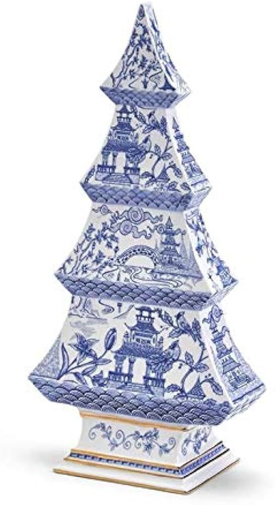 Two's Company Chinoiserie Blue & White Mini Christmas Tree Ceramic Figurine - Small Christmas Tre... | Amazon (US)