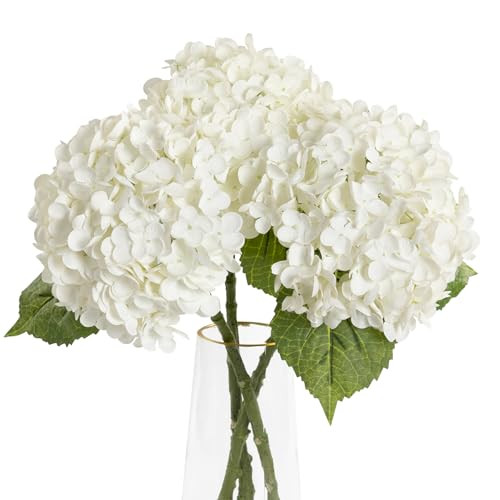 YOUNGLEAVES 3 Pcs Faux Hydrangea Flowers White Hydrangea Artificial Flowers Real Touch Hydrangea Flowers with Realistic Stems for Party Floral Arrangements Home Wedding Bouquets Decor | Amazon (US)