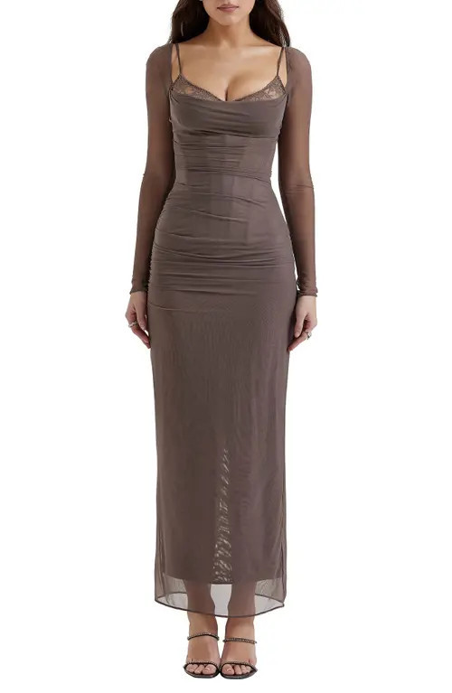 HOUSE OF CB Katrina Lace Mesh Long Sleeve Gown in Pebble Grey at Nordstrom, Size Small D | Nordstrom