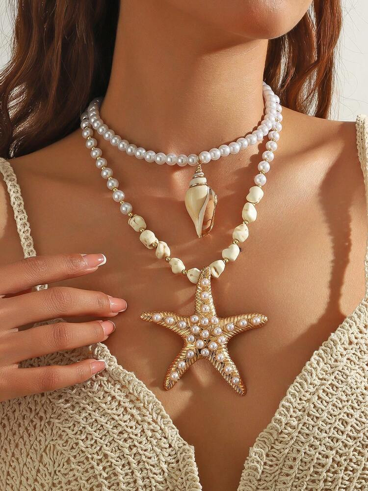 1pc Handmade Multi-Layer Beaded Stone, Pearl, Metal Golden Starfish Pendant Necklace, Beach, Part... | SHEIN