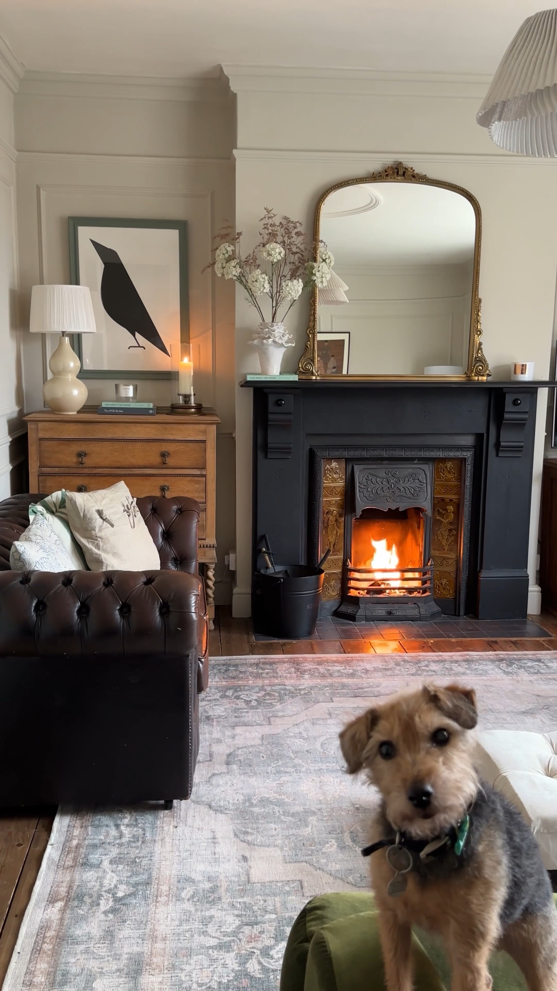 Large gold over mantle mirror 
Washable rugs 
Table lamps 
Cushions 
Home decor 
Traditional brass pendant light
Industrial wall lights 

#LTKhome #LTKeurope #LTKover40