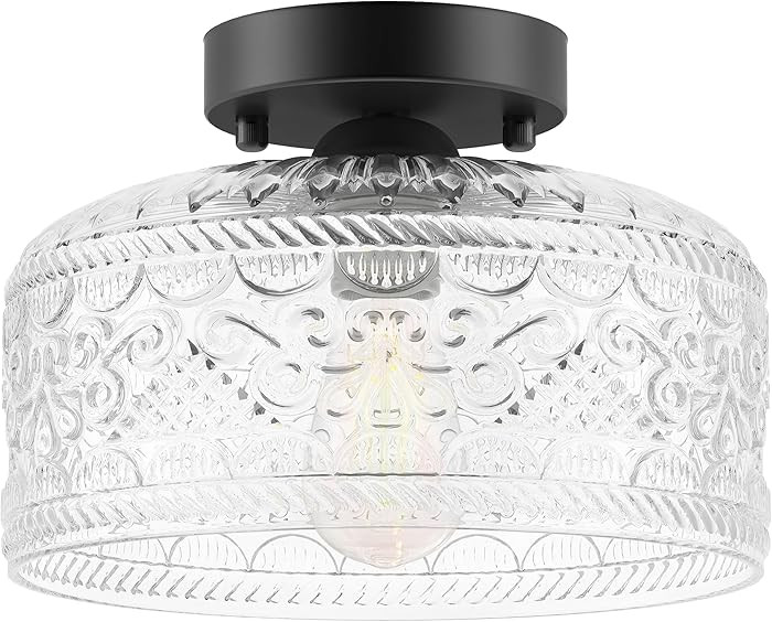 Semi Flush Mount Ceiling Light Black, Upgraded Larger Vintage Glass Pendant Lamp Shade, Modern Fa... | Amazon (US)