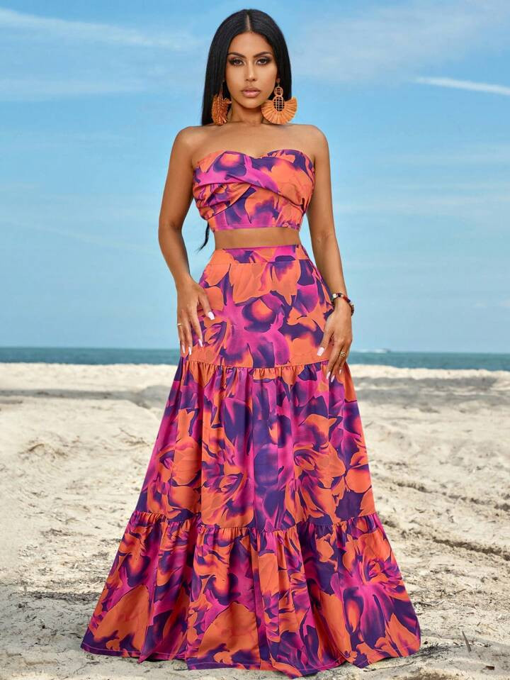 BamGleam Ruched Side Twist Bandeau Top And Split Thigh Ruffle Hem Skirt Set | SHEIN