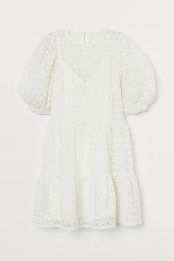 Short dress in openwork lace. Round neckline, opening at back of neck with button, short puff sle... | H&M (US)
