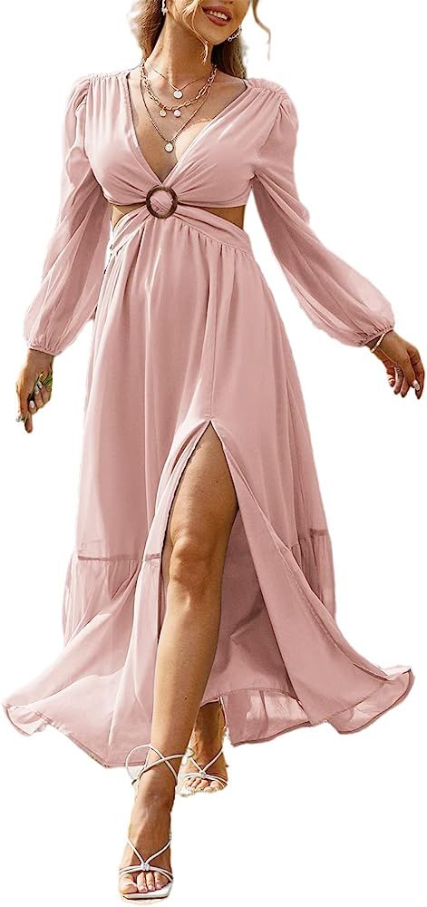BerryGo Women's Cut Out Floral Flowy Maxi Dress Long Lantern Sleeve Sexy V Neck Tie Back Swing Lo... | Amazon (US)