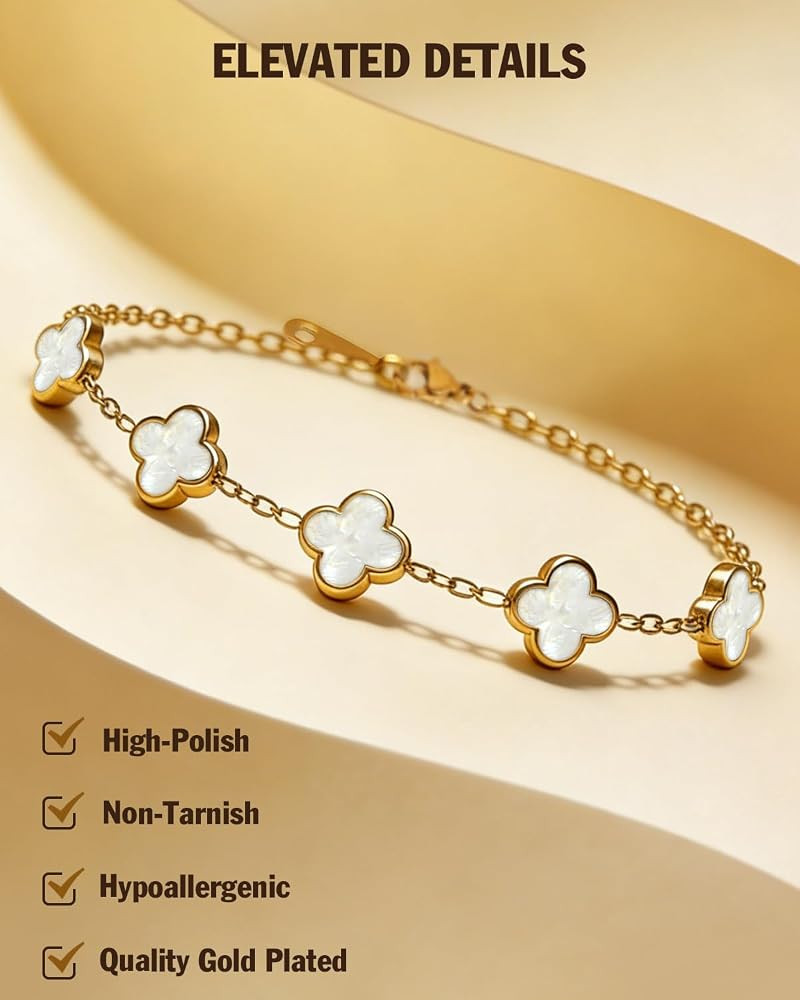 Four Leaf Clover Bracelet 18K Gold Plated Bracelets for Women Lucky Flower Design Stainless Steel... | Amazon (US)