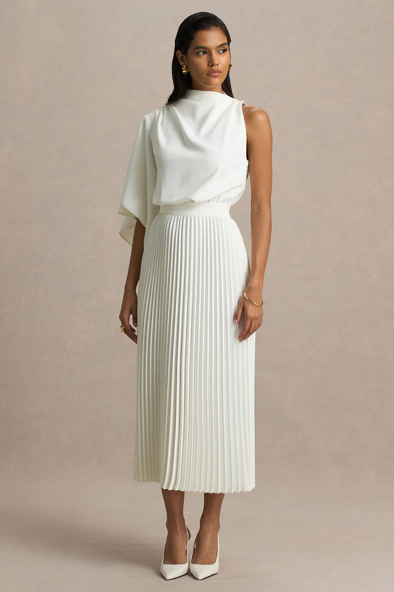 Jimena  Cream High-Neck Midi Dress With One-Long Sleeve And Pleated Detailing | Club L London