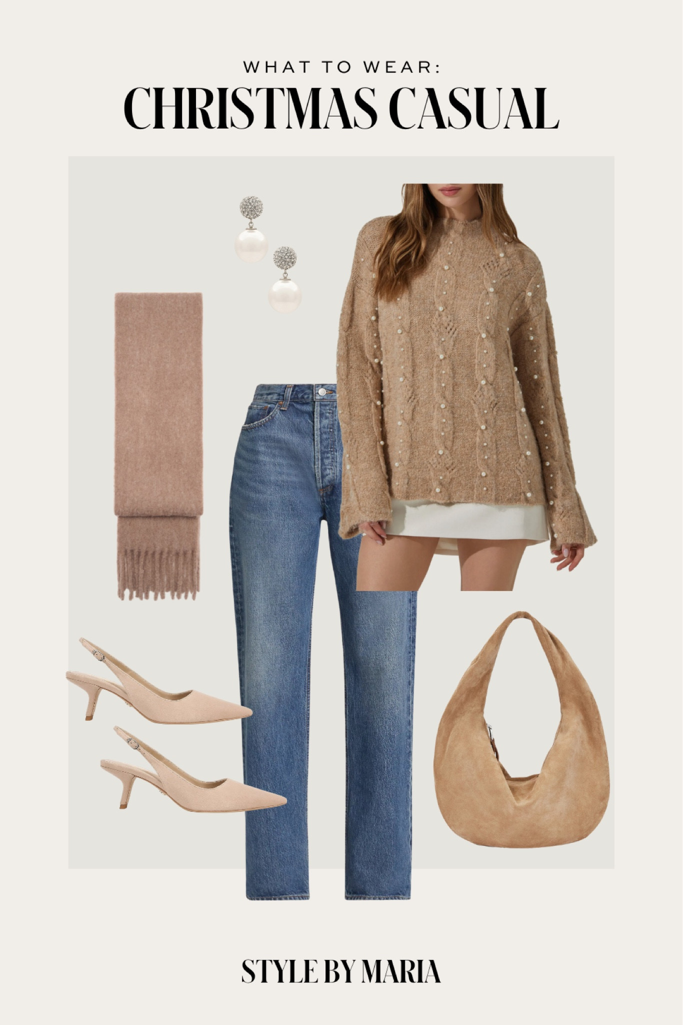 Holiday outfit ideas / casual Christmas outfit
Astr the label pearl sweater
Mango scarf
Sam Edelman slingback pumps
Revolve suede handbag 
Agolde jeans 

#LTKStyleTip #LTKSeasonal #LTKHoliday