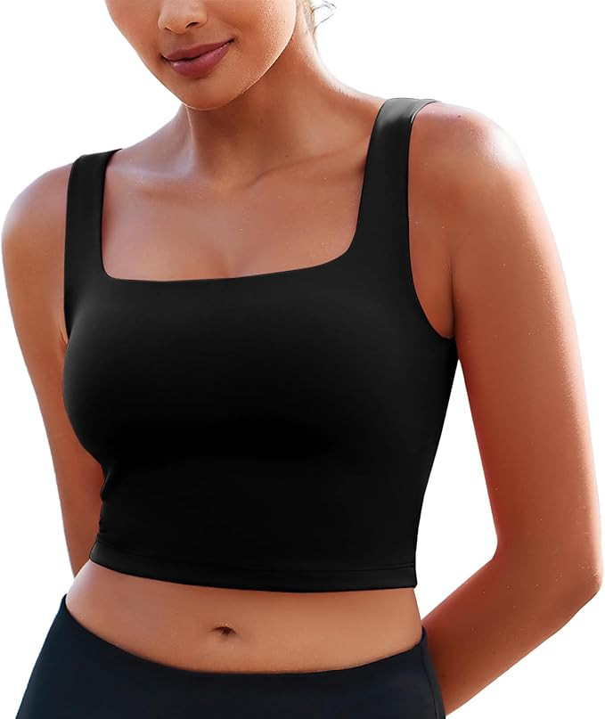 PINSPARK Sports Bra for Women Square Neck Longline Tank Top with Built in Bra | Amazon (US)