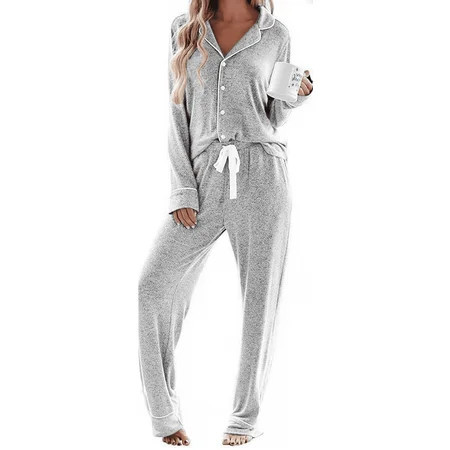 SOMER Pajamas for Women Set Cotton Long Sleeve Button-Down lounge Sets for Women PJ Sets Comfy Casual Pj Sets for Woman Soft Knit Sleepwear with Elastic | Walmart (US)