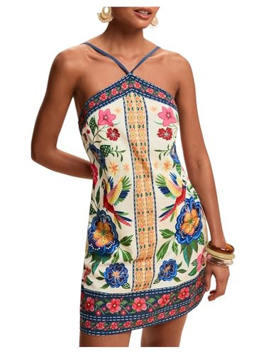 MakeMeChic Women's Halter Mini Dresses Summer Backless Tropical Caribbean Outfits Boho Beach Dresses Multicolor Medium | Amazon (US)