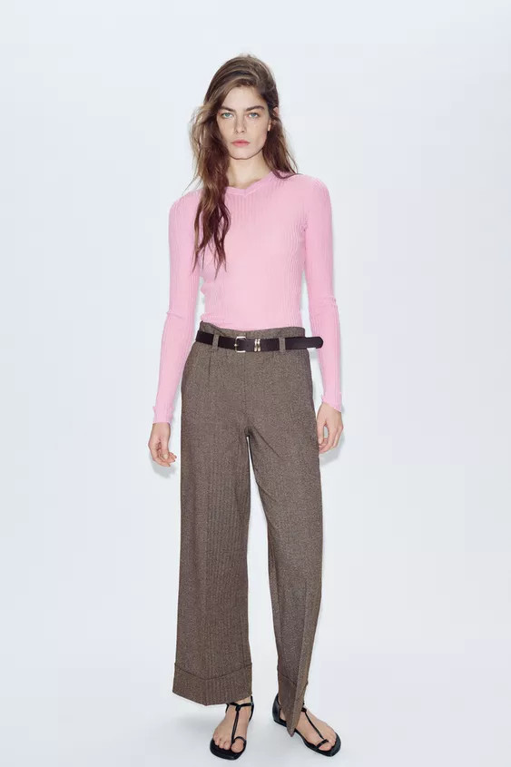 HERRINGBONE BELTED PANTS | Zara US