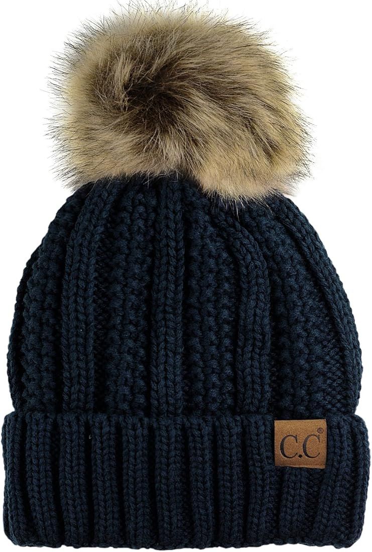 C.C Thick Cable Knit Faux Fuzzy Fur Pom Fleece Lined Skull Cap Cuff Beanie | Amazon (US)