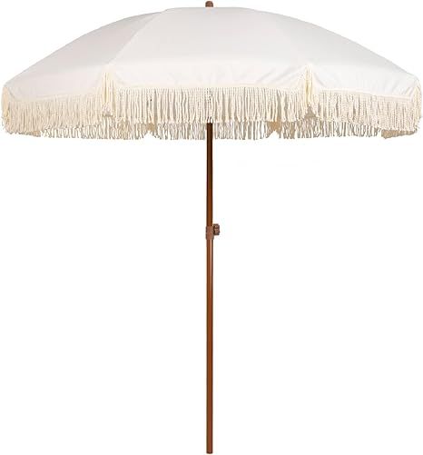 Amazon.com : AMMSUN 7ft Patio Umbrella with Fringe Outdoor Tassel Umbrella UPF50+ Wood Color Stee... | Amazon (US)