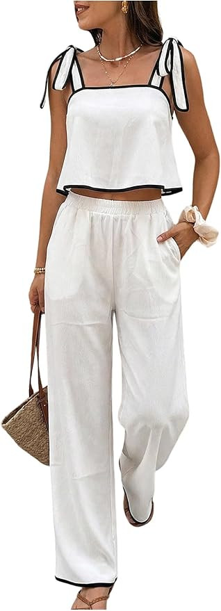 SOLY HUX Women's Summer Vacation 2 Piece Set Tie Shoulder Crop Top and Pants Travel Outfits | Amazon (US)