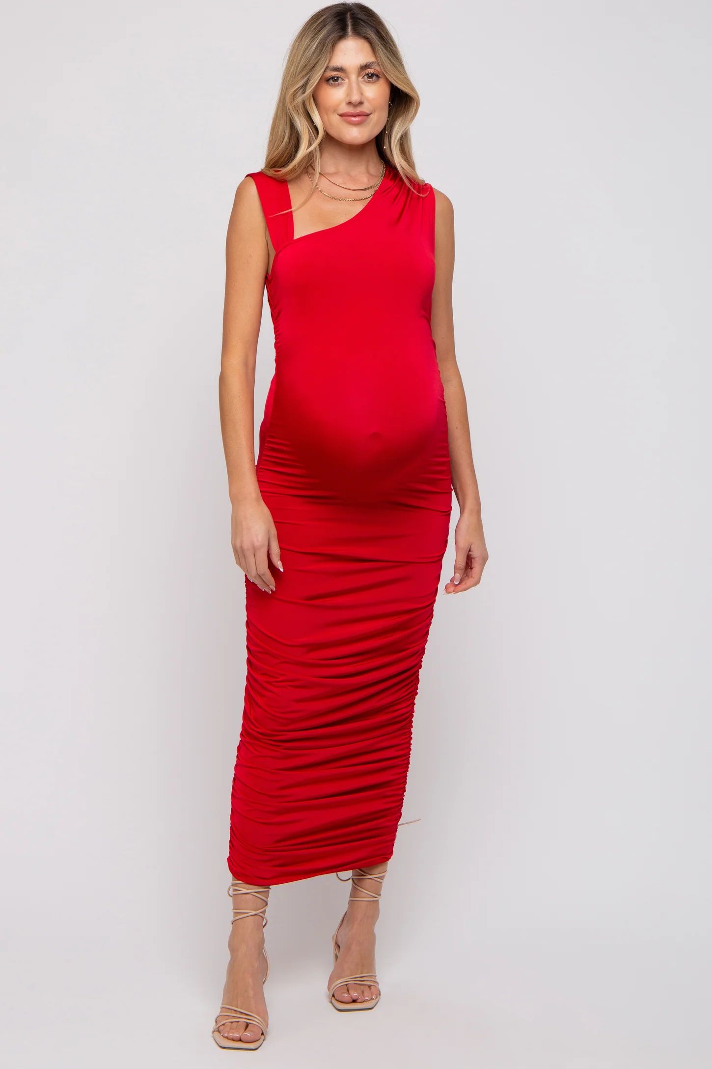 Red Asymmetrical Ruched Maternity Midi Dress | PinkBlush Maternity