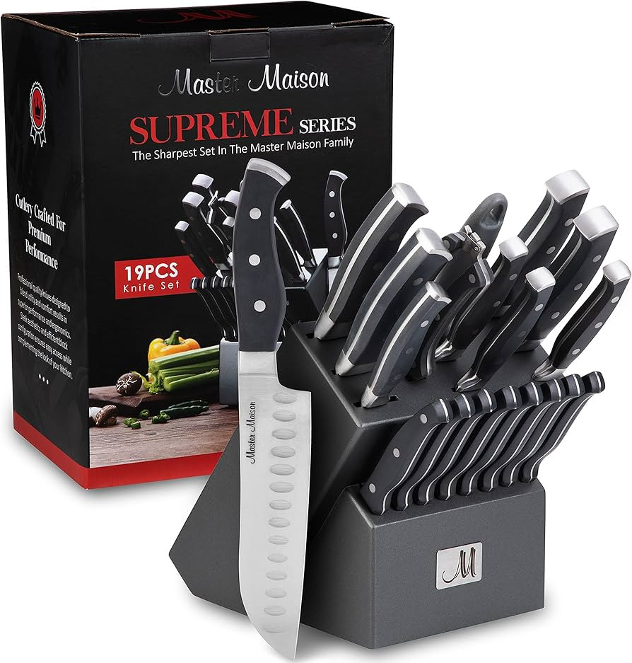 Master Maison 19-Piece Kitchen Knife Set with Wooden Block and Knife Sharpener - Stainless Steel ... | Amazon (US)