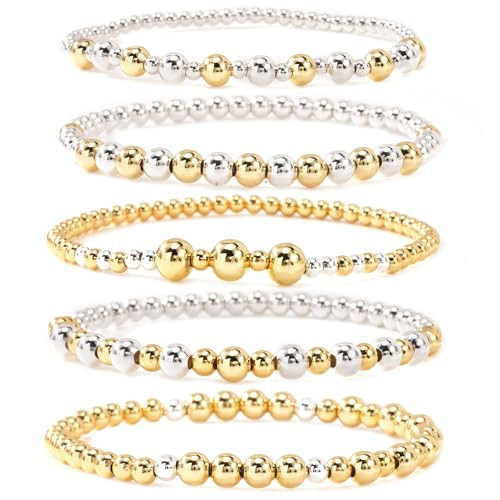 Bohxantium Gold Bracelets for Women Stackable 14K Gold Silver Plated Beaded Bracelets Stack Elastic Stretch Non Tarnish Bead Ball Stack Set Stretch Adjustable Dainty Gold Jewelry Trendy Prom Gifts | Amazon (US)