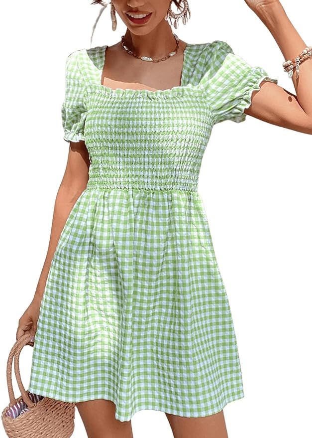 Romwe Women's Plaid Short Puff Sleeve Square Neck Shirred A Line Flared Mini Dress | Amazon (US)