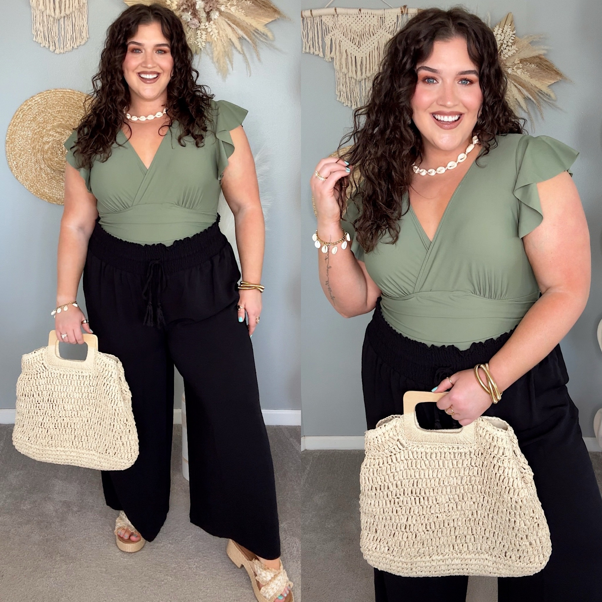 Resort wear tropical vacation outfit inspo 🌴☀️🌺 Curvy one piece swimsuit and stretchy wide leg beach pants.
Swimwear has coverage back, flutter sleeves, tummy control and good amount of stretch. Wearing an XXL in both. 

#LTKSeasonal #LTKstyletip #LTKfindsunder50