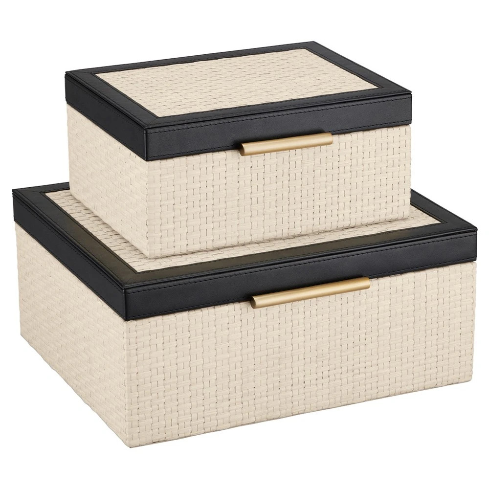 Deina Coastal Beach Black Leather Cream Woven Raffia Decorative Box - Set of 2 | Kathy Kuo Home