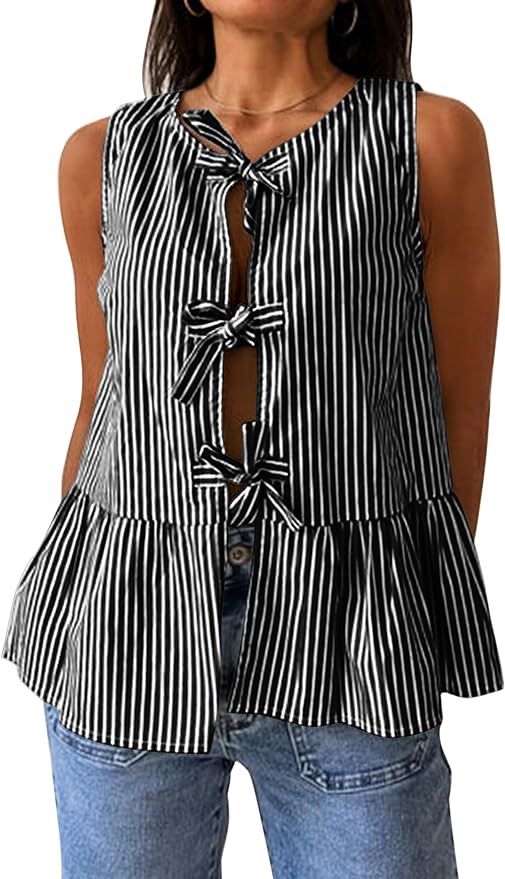Women Y2K Bow Tie Front Sleeveless Shirt Tops Striped Loose Ruffle Peplum 2024 Cute Lace Up Babyd... | Amazon (US)