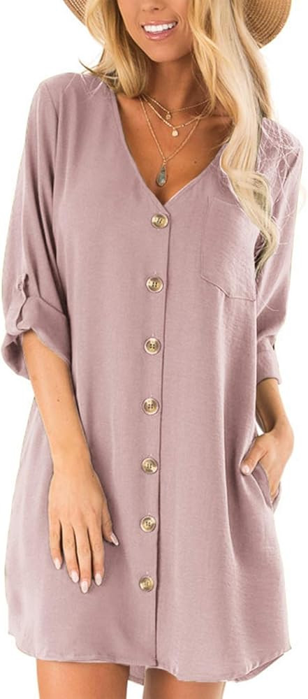 CNFIO Women Casual Shirt Dresses Summer Loose Button Down Dress with Pockets | Amazon (US)