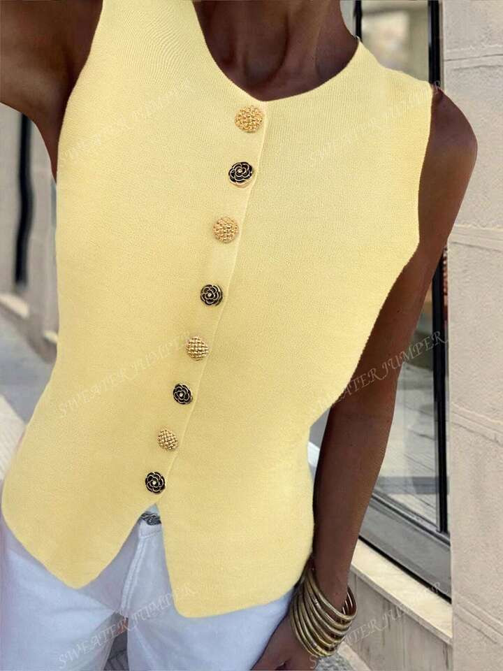 Vintage Chic Fashionable Elegant Metal Button Open Front Solid Color Sleeveless Round Crew Neck Business Jacket Work Waistcoat Slim Top Tank Knit Vest Sweater For Women | SHEIN