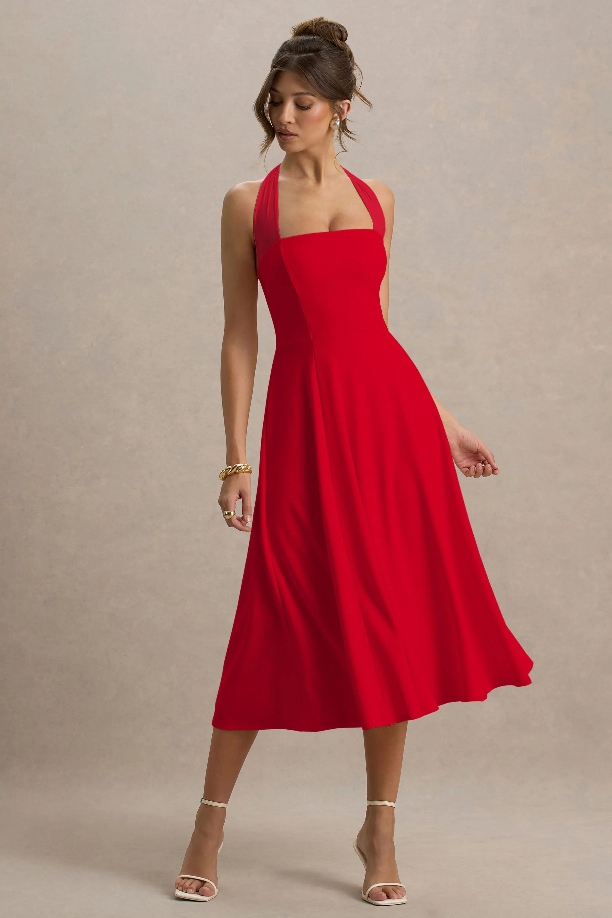 Auburn | Red Halter Skater Midi Dress | Club L London