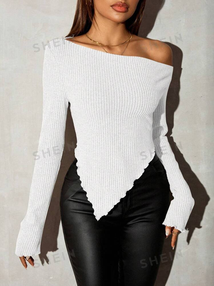 SHEIN SXY Grunge Asymmetrical Neck Rib-Knit Tee,Fall Women Going Out Tops | SHEIN