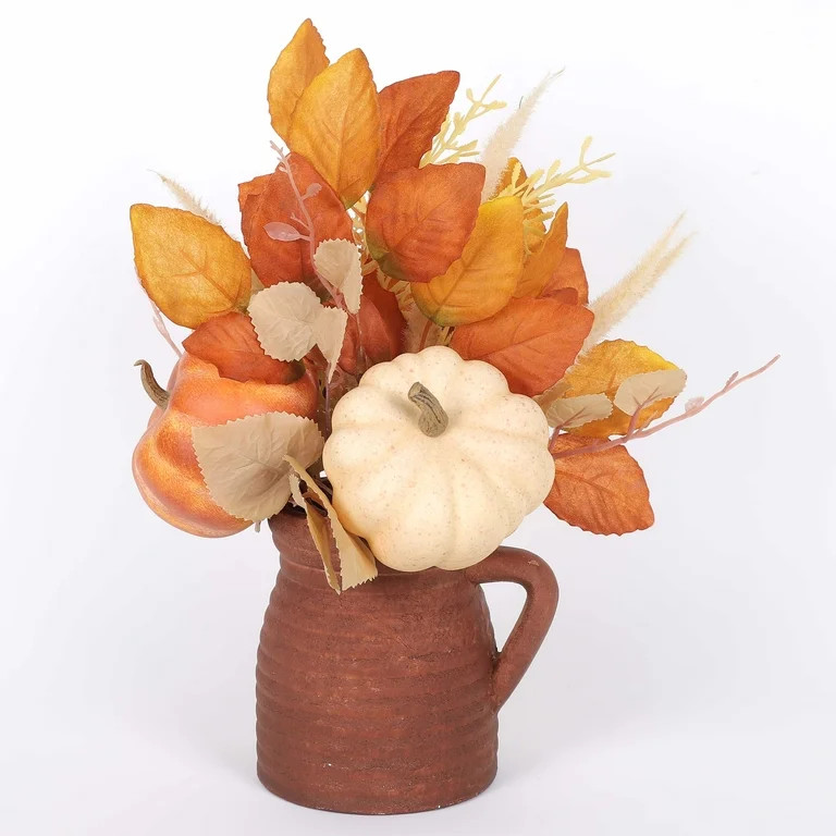 Pumpkins & Fall Foliage in Milk Jar Tabletop Decor, Orange & Cream, 14", Fall by Way To Celebrate | Walmart (US)