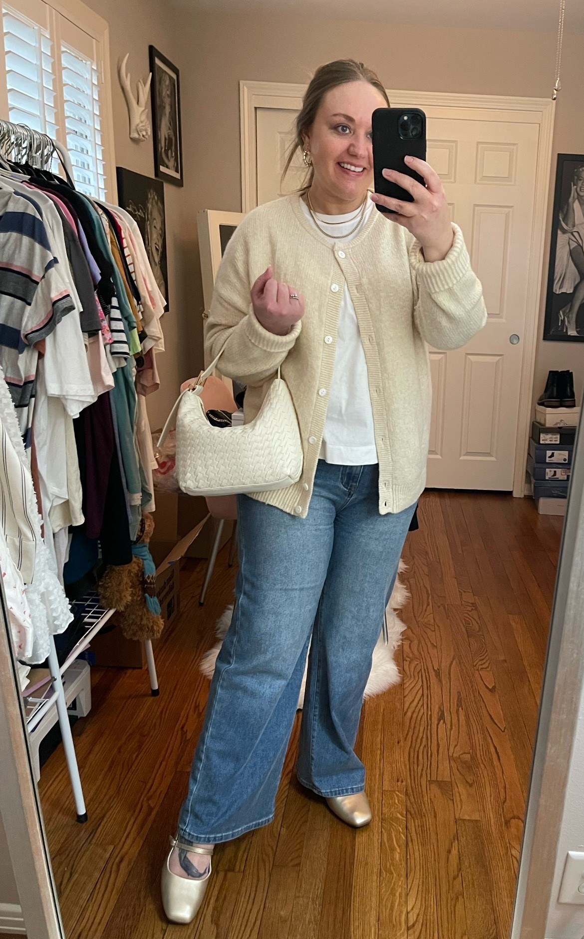 Spring outfit, spring style, white tee and jeans, casual Friday, high waisted jeans, neutral sweater, vintage tee, perfect white tee, gold flats, Mary Jane flats, Amazon style, cardigan sweater, weekend style, brunch outfit, lunch outfit, brunch date, lunch date

#LTKMidsize #LTKootd #LTKWorkwear