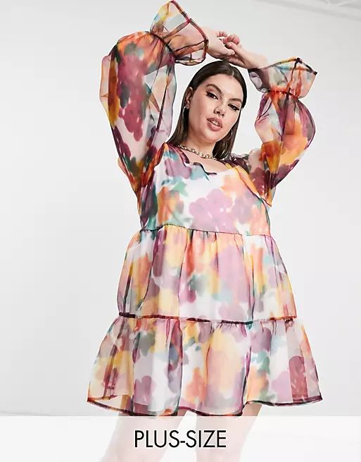 Twisted Wunder Plus smock mini organza dress in watercolour floral | ASOS (Global)