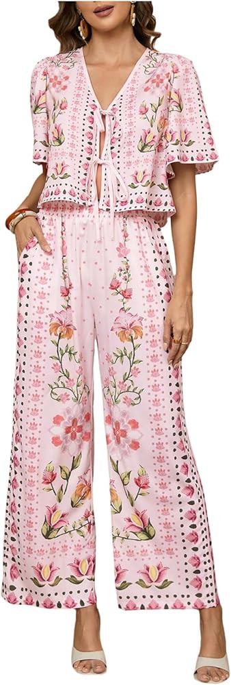 WDIRARA Women's Boho Floral 2 Piece Palazzo Pants Set Short Sleeve Tie Front Blouse Wide Leg Pant... | Amazon (US)