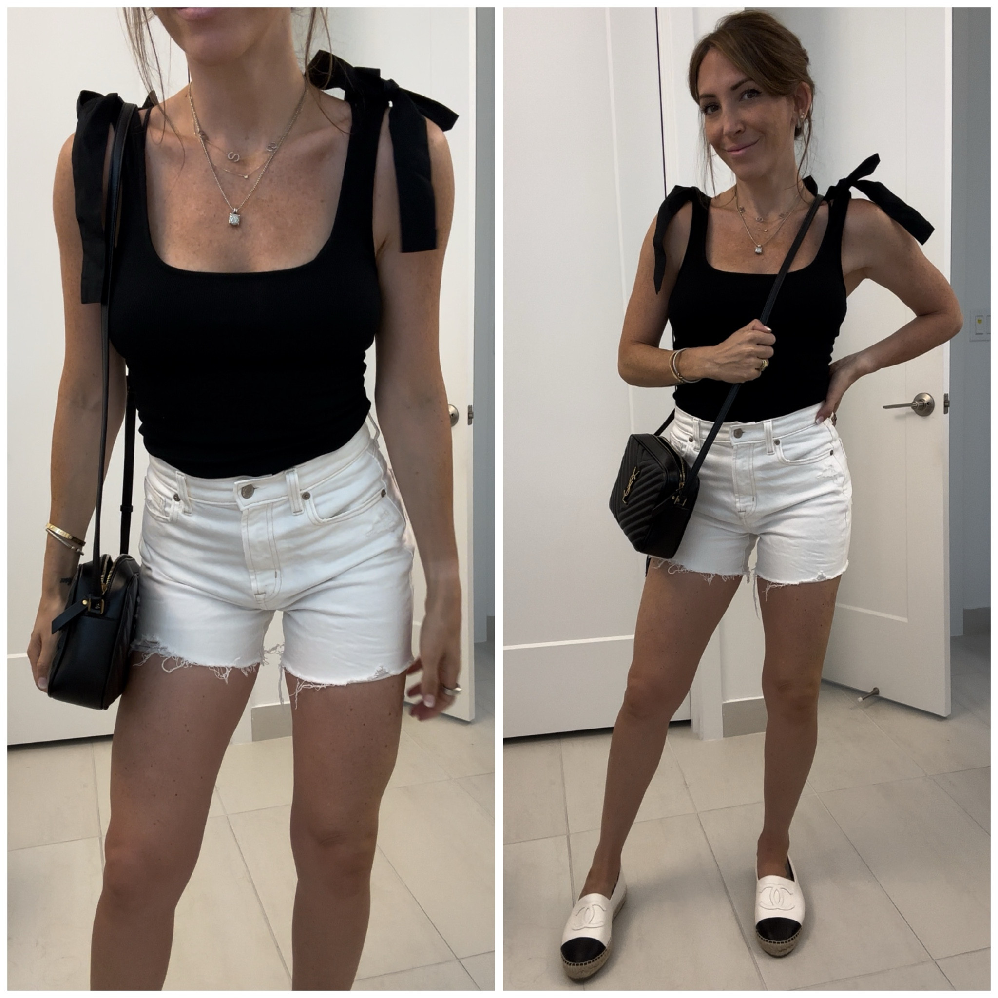 Loving this tank with the bow details on the straps. Wearing with white denim shorts, white and black chanel espadrilles, black ysl camera bag

#LTKSaleAlert #LTKFindsUnder50 #LTKStyleTip