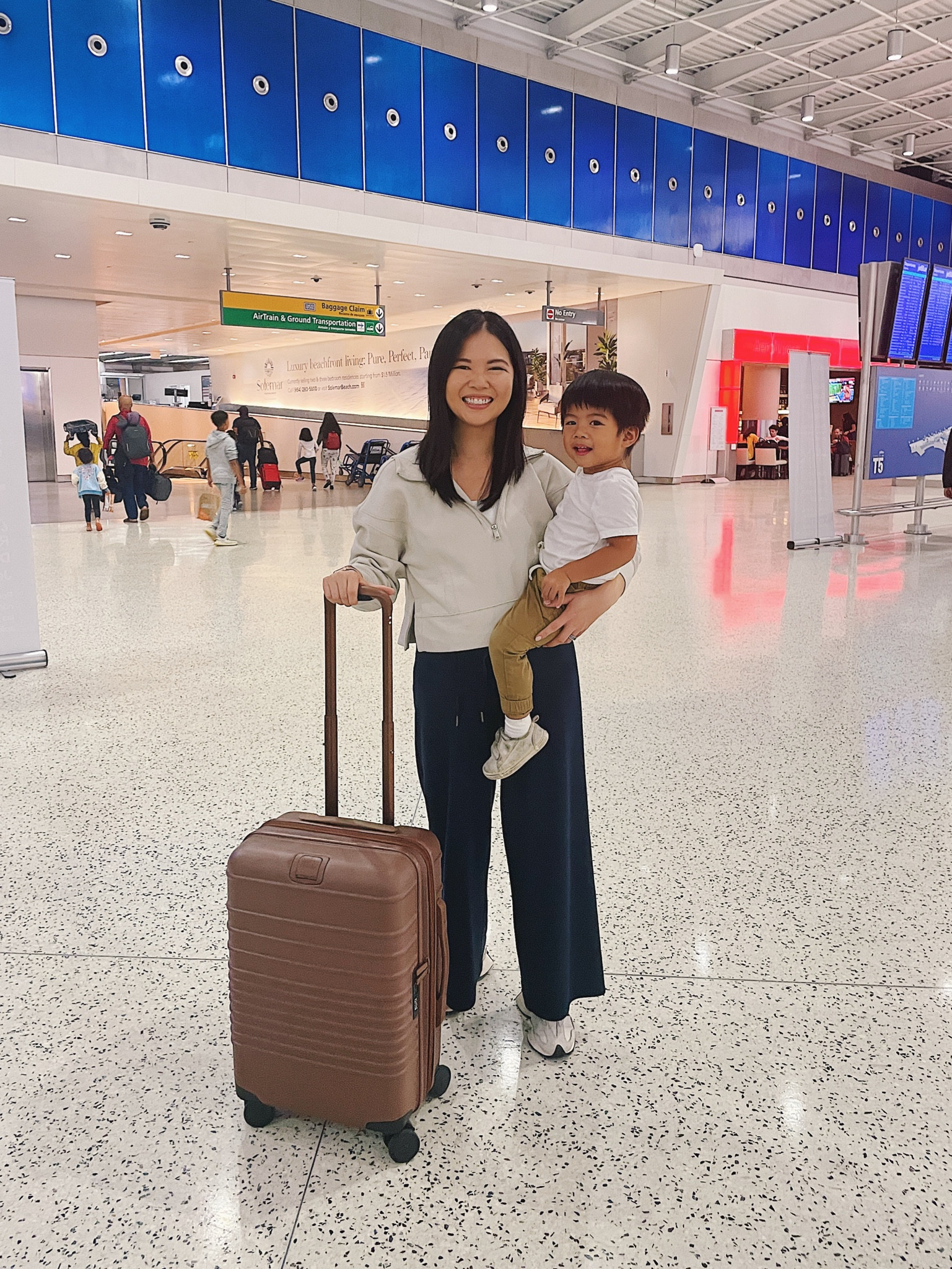 Cream quarter zip sweatshirt (S)
Navy lounge pants (SP)
Brown suitcase 
Brown carryon luggage
Beis carryon luggage
Beis suitcase
New Balance 327 sneakers (TTS)
Lululemon belt bag
Travel outfit
Airport outfit
Airplane outfit
Toddler boy outfit

#LTKkids #LTKtravel #LTKfamily