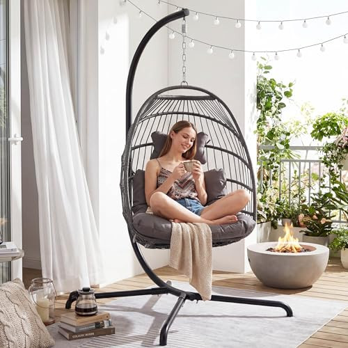 NICESOUL Comfy Indoor Outdoor Egg Chair, Patio Wicker Egg Shaped Swing Chair with Stand, Hanging Basket Seating with Cushion, 350lbs Heavy Duty Gift Hammock Chairs for Balcony Backyard Bedroom, Gray | Amazon (US)