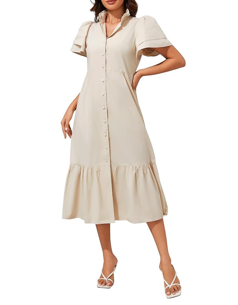 Kedera Women Maxi Petal Sleeve Button Down Dress Cover Ups Beach Dresses V Neck Ruffle Casual Dre... | Amazon (US)