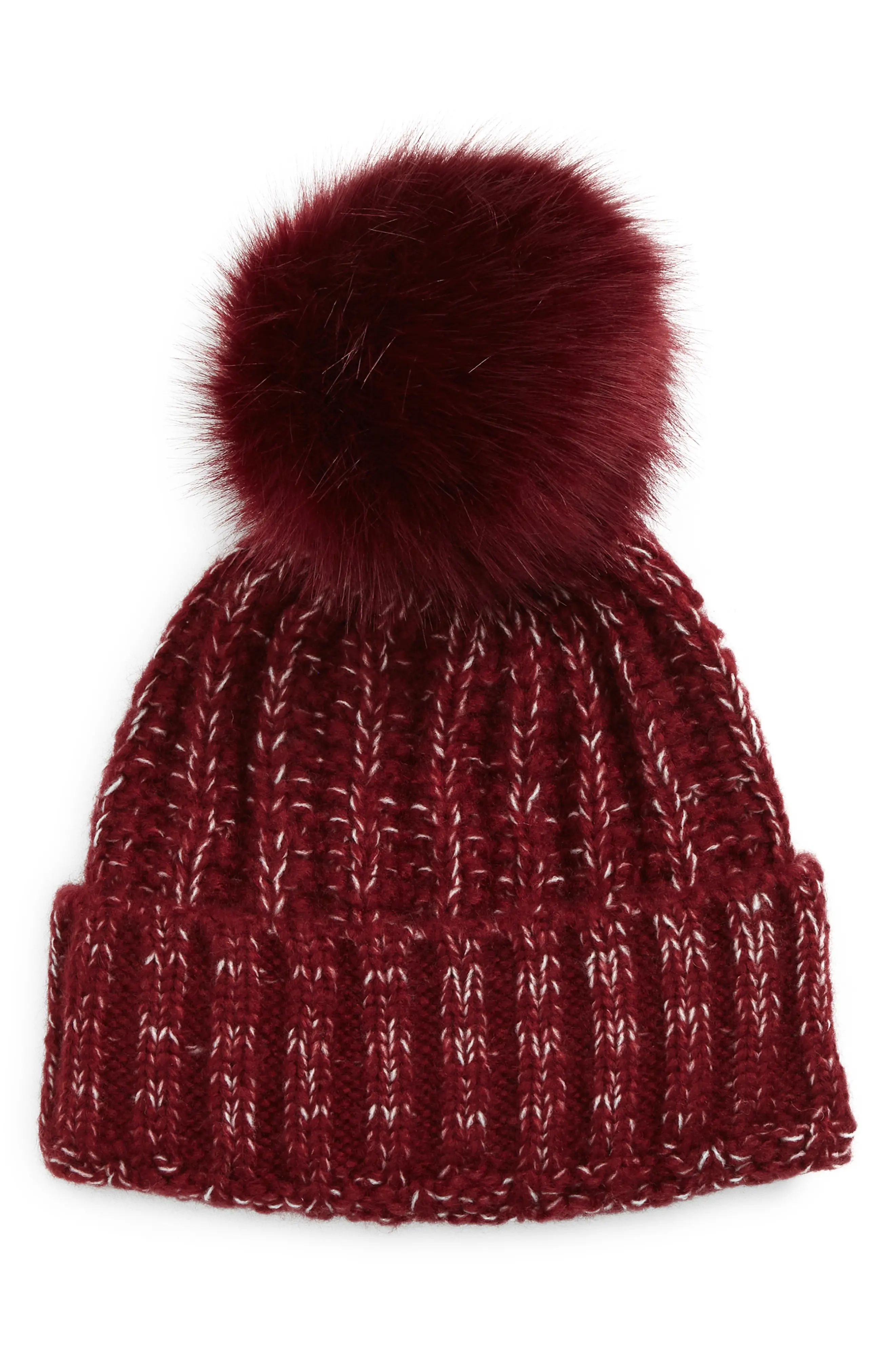 Kyi Kyi Chunky Wool Blend Beanie with Faux Fur Pom in Bordo at Nordstrom | Nordstrom