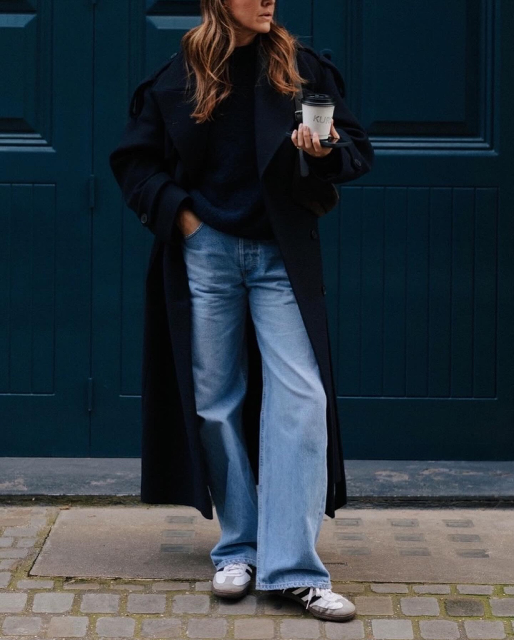 Blue Monday outfit.
Coat Jigsaw
Jeans Citizen of Humanity 
Shoes Adidas Sambas 
Jumper Sezane 