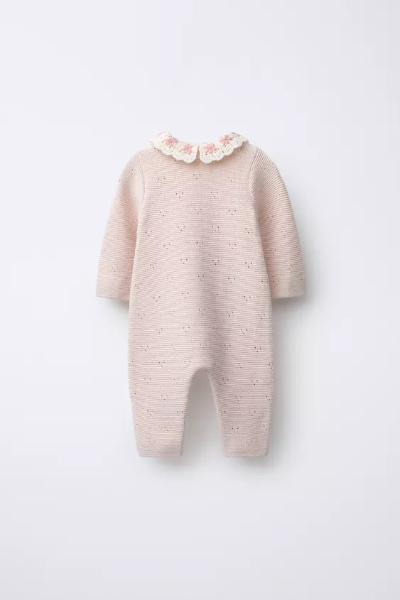 KNIT JUMPSUIT WITH CROCHET COLLAR AND EMBROIDERED FLOWERS | Zara US