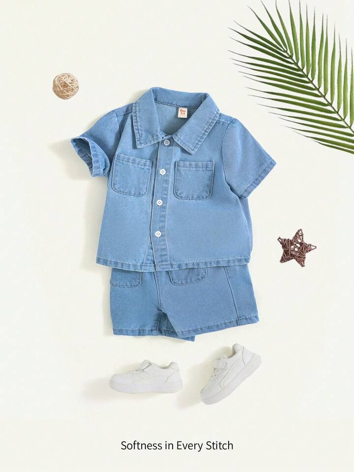 Cozy Cub Baby Boy Spring Summer Boho Causal Soft 2pcs/Set Solid Blue Washed Patch Pockets Button-... | SHEIN