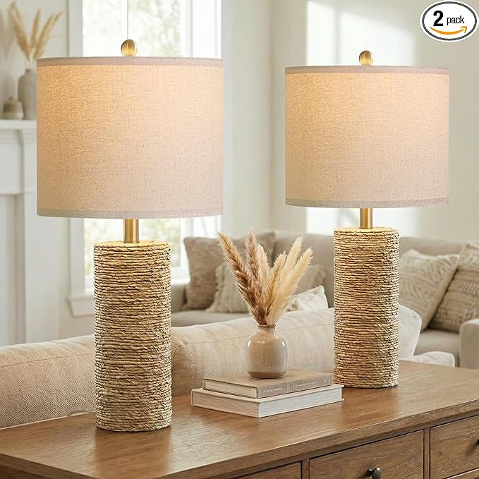 BOBOMOMO Boho Lamps Set of 2, 25.5" Coastal Farmhouse Bedside Lamps, Resin Woven Rattan-Look Nigh... | Amazon (US)