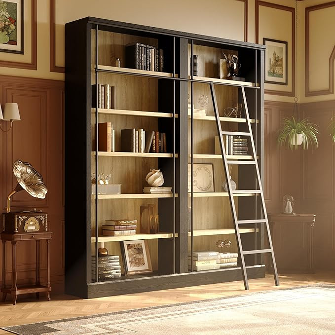 Traditional 86.6-inch Tall Bookcase Wall with Ladder, 6-Tier Office Bookshelf Storage Organizer, ... | Amazon (US)