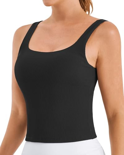 Stelle Women's Ribbed Tank Tops Seamless Padded Workout Crop Top Sleeveless Square Neck Cami Basic Shirts(Black,M) | Amazon (US)