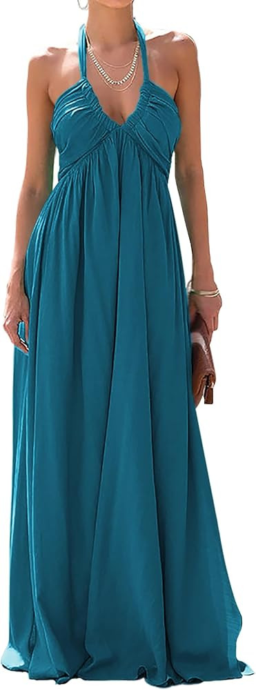 Maxi Dresses for Women 2025 Sexy Halter V Neck Backless Smocked High Waisted A Line Beach Vacatio... | Amazon (US)
